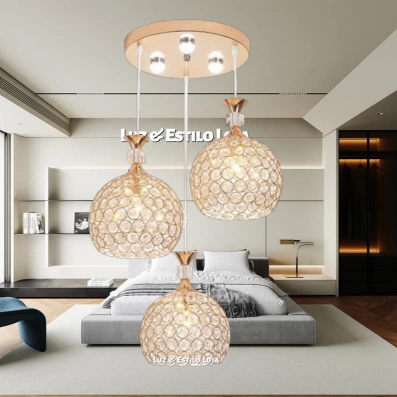Lustre pendente com cúpulas de cristal transparente e bolinhas, bronze, iluminação sala de estar