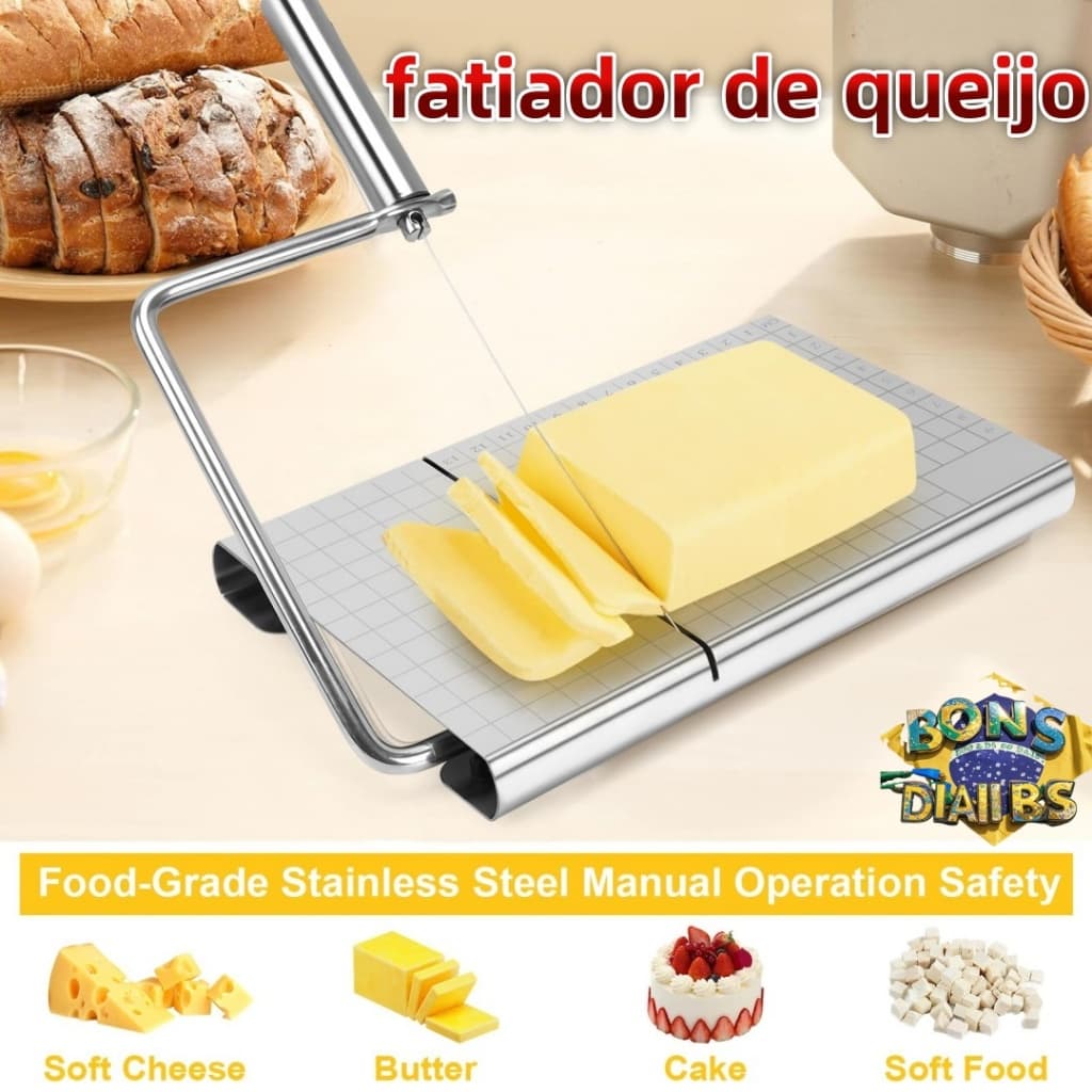 Fatiador de queijo multiuso em aço inoxidável para cortar queijo, manteiga, bolo e alimentos macios.