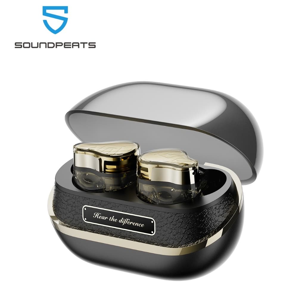 Fone de ouvido SoundPEATS H3 Bluetooth, preto e dourado, aberto com fones de ouvido visíveis