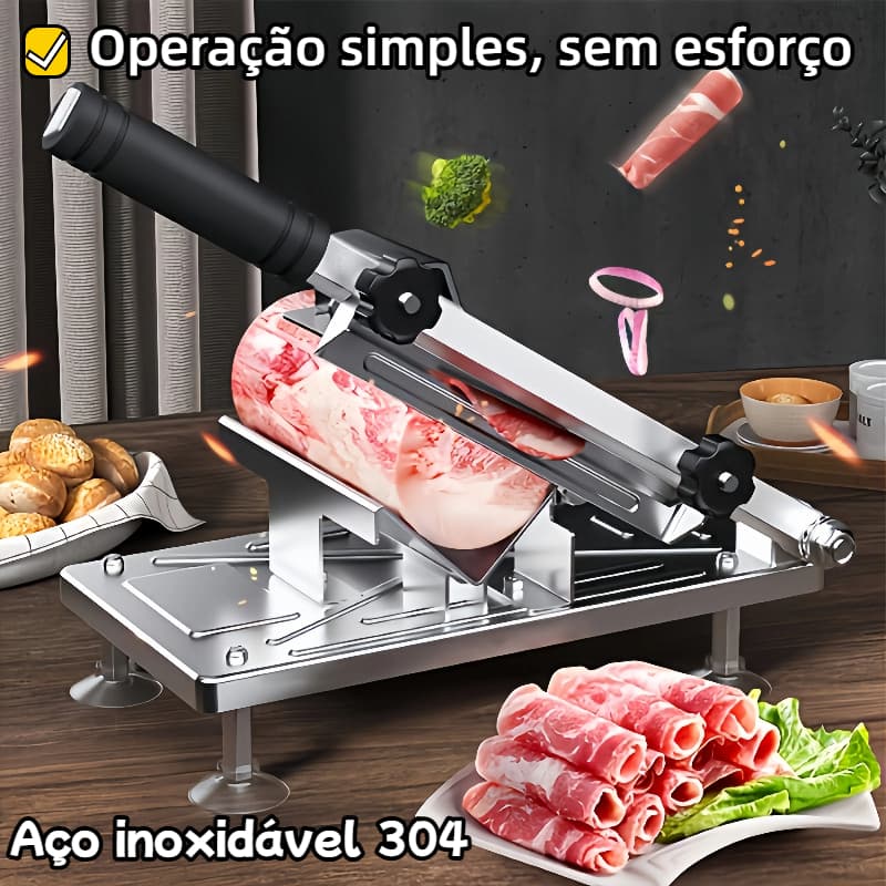 Fatiador manual de carnes com lâmina ajustável em aço inoxidável, fácil de usar, corte preciso.