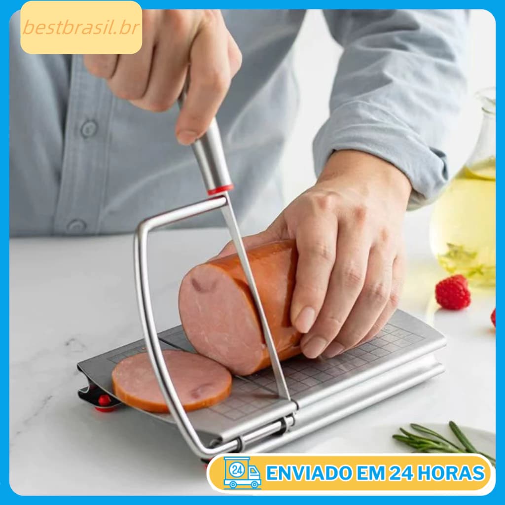 Fatiador manual de presunto, queijo e pão com fio de aço inox, corte preciso em fatias finas, design elegante, envio rápido em 24 horas.