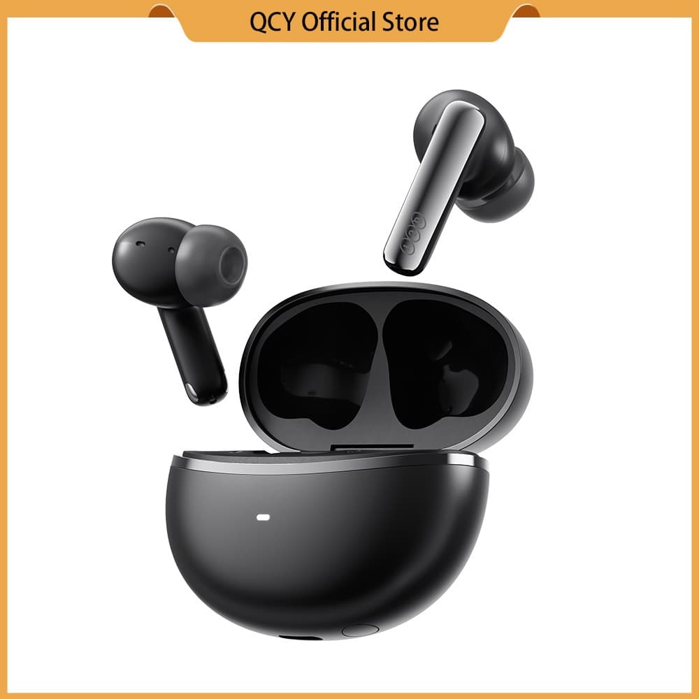Fones de ouvido QCY HT18 MeloBuds N70 com cancelamento de ruído Bluetooth 6.0, pretos, em posição de uso.