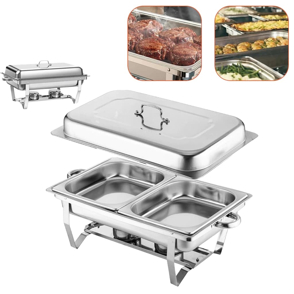 Rechaud profissional em aço inoxidável com três divisórias, tampas removíveis e compartimentos separados para manter alimentos quentes, em fundo branco.