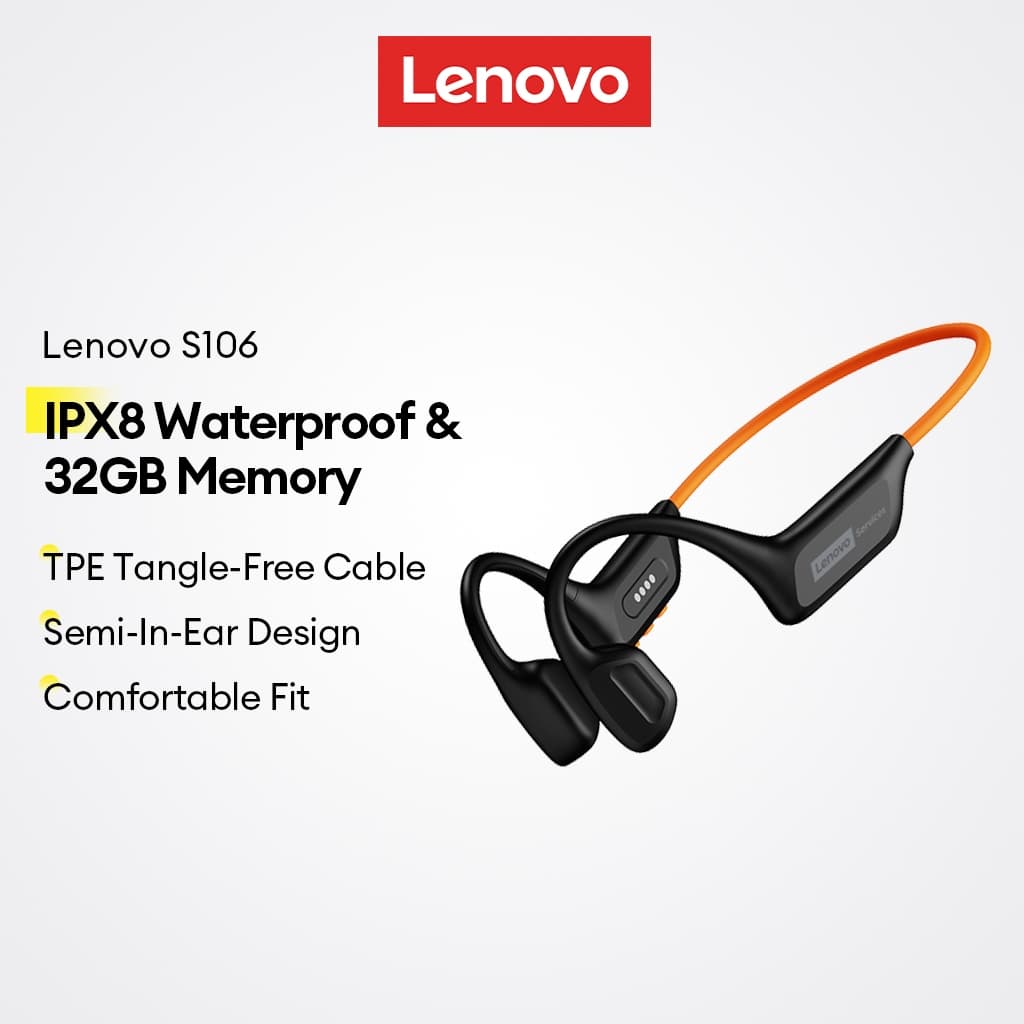 Fones de ouvido Lenovo S106 IPX8 à prova d'água com 32GB de memória, design semi-intra-auricular, cabo sem emaranhados.