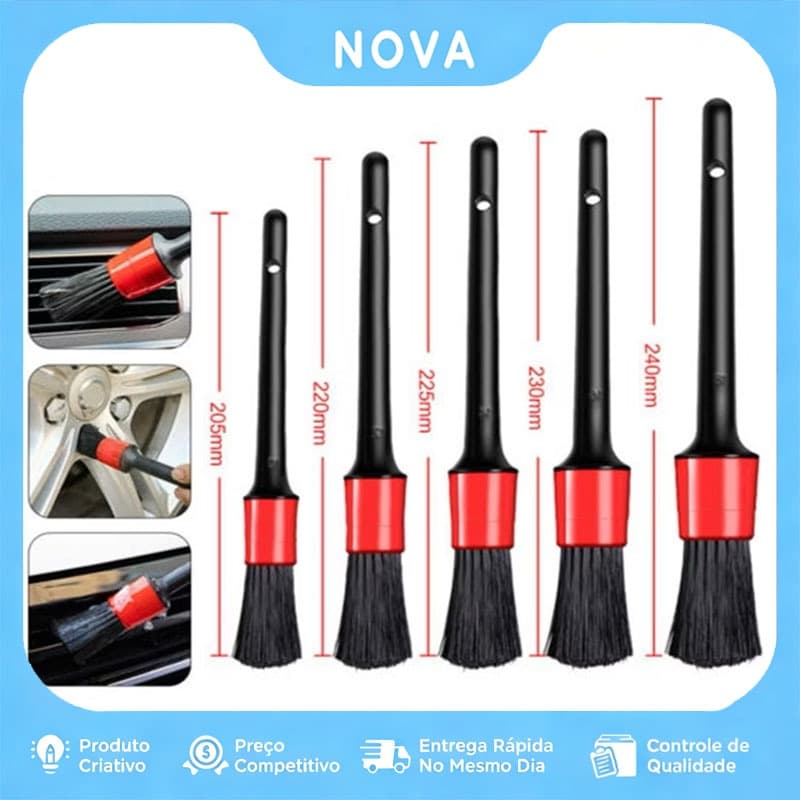 Kit 5 peças pincel limpeza automotiva detalhamento - preto e vermelho