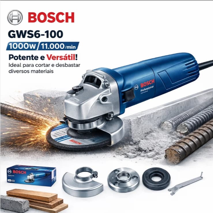 Esmerilhadeira Bosch GWS6-100, 1000W, 11000 RPM, ideal para corte e desbaste de materiais, com acessórios e embalagem original.