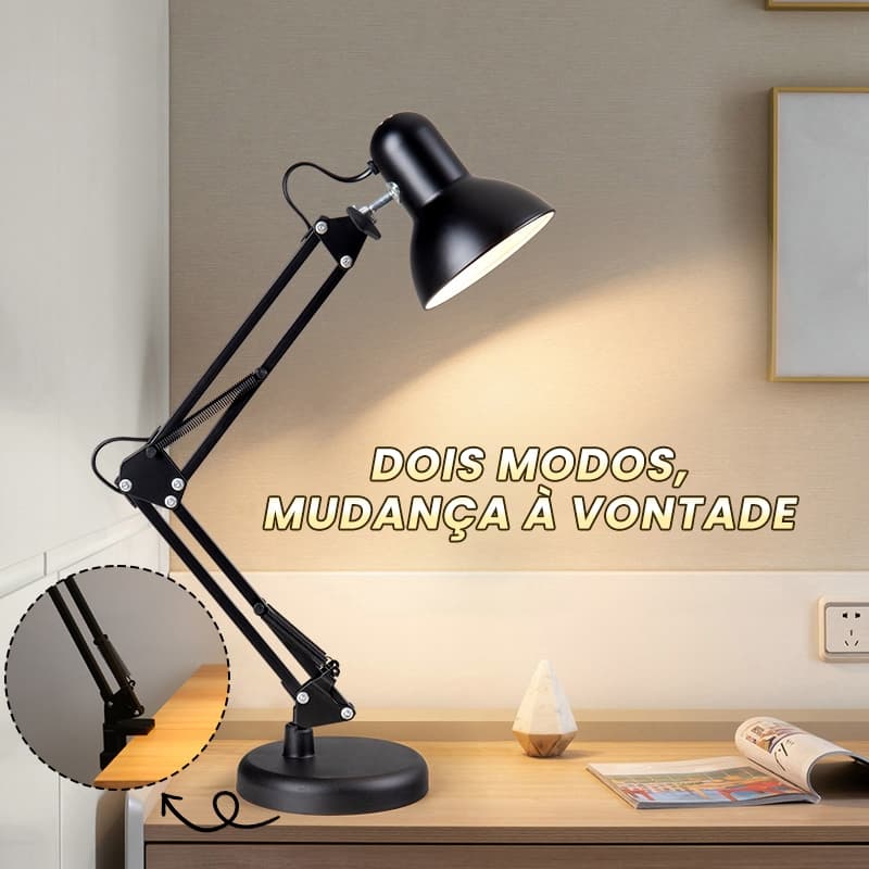 Luminária de mesa articulada preta com foco ajustável, dois modos, escritório