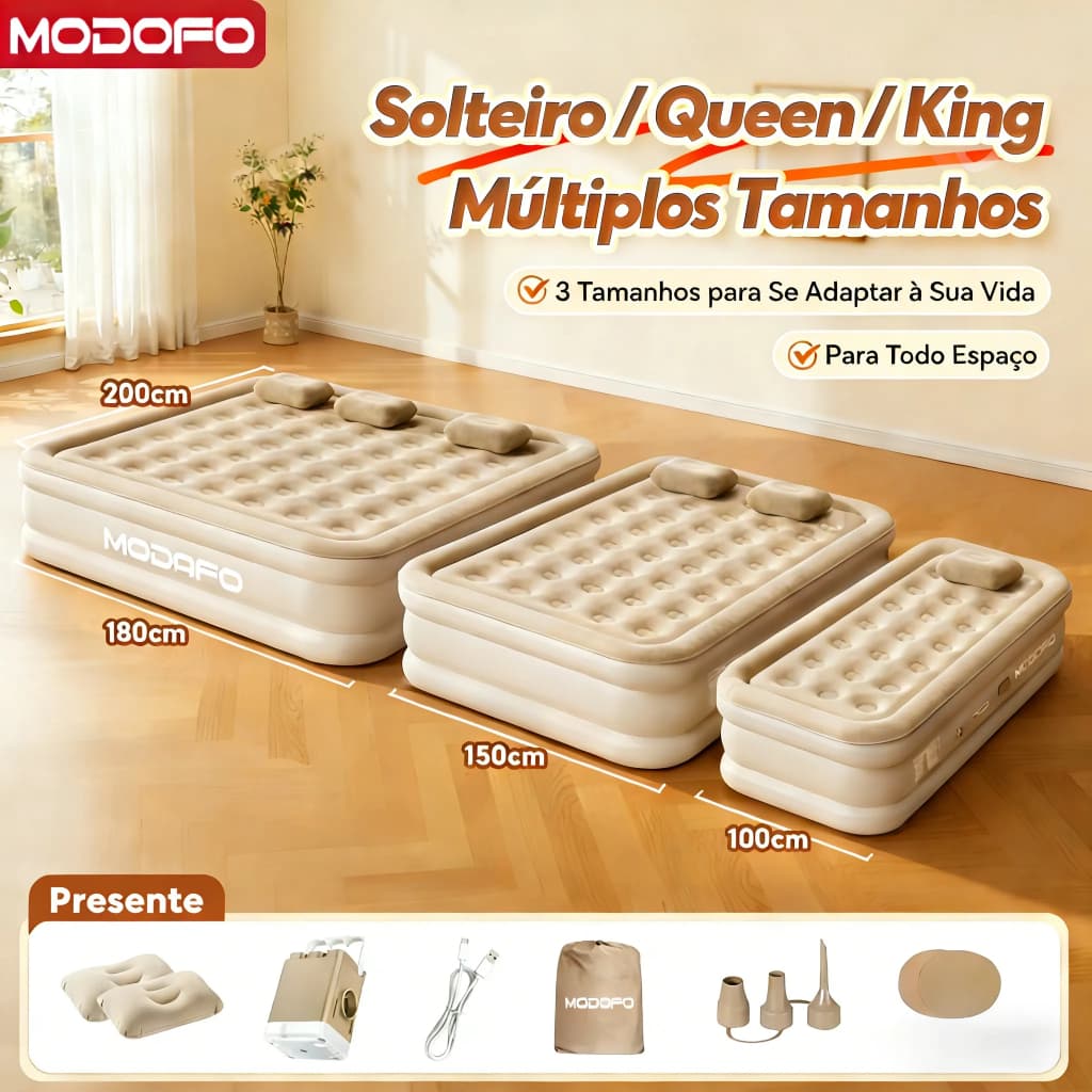 Colchões infláveis automáticos MODOFO em tamanhos solteiro, queen e king com bomba embutida.