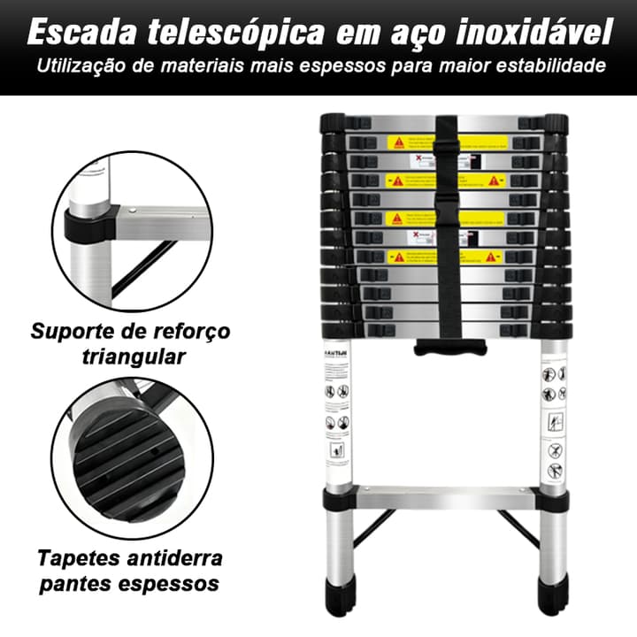 Escada telescópica em aço inoxidável com 13 degraus, suporte de reforço triangular e tapetes antiderrapantes