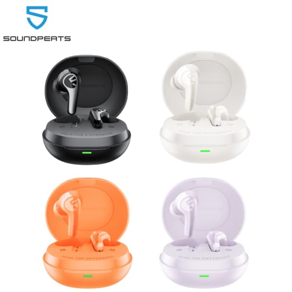 SoundPEATS C30 fones de ouvido sem fio em quatro cores diferentes: preto, branco, laranja e roxo.