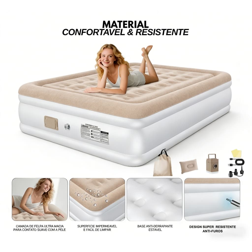 Colchão inflável queen size para cama de campanha, resistente e impermeável
