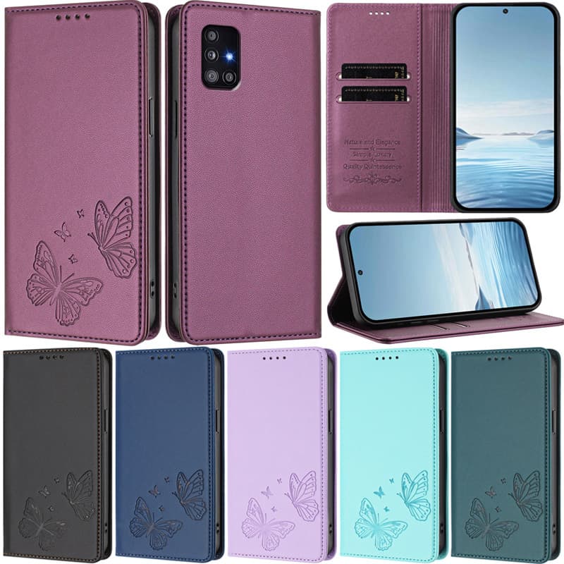 Capas de telefone Samsung com padrão de borboleta em várias cores, couro sintético, recorte para câmera e flash