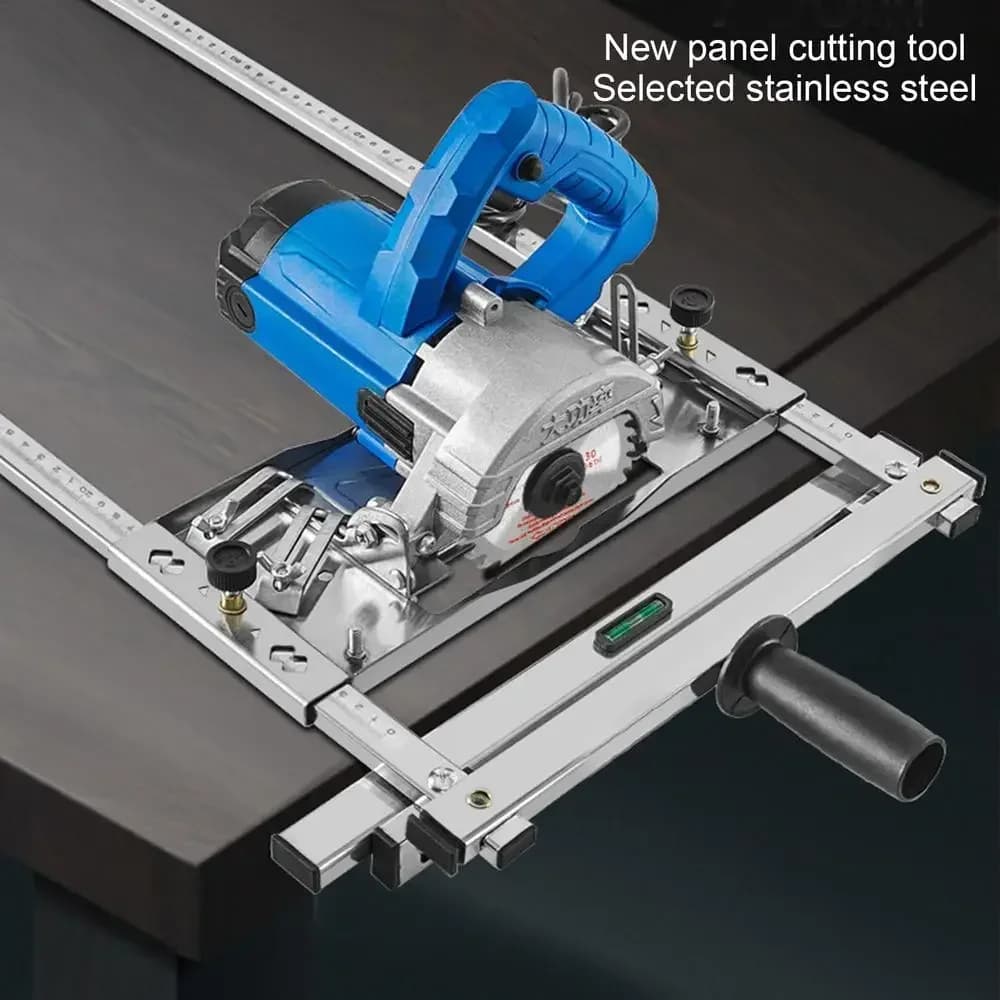 Máquina de corte de painel elétrica com guias de posicionamento e ferramenta de corte de placa, em aço inoxidável e azul