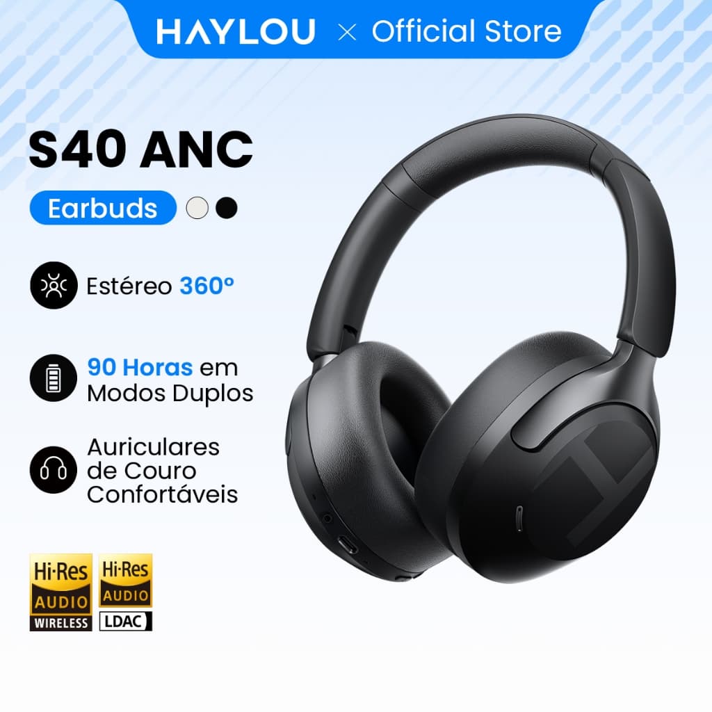Fone de ouvido sem fio Haylou S40 ANC, cancelamento de ruído, 3D Áudio Espacial, Hi-Res, LDAC