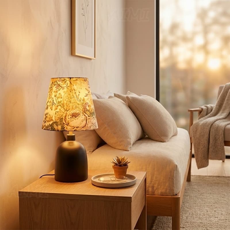 Luminária de mesa vintage com abajur floral em amarelo e verde