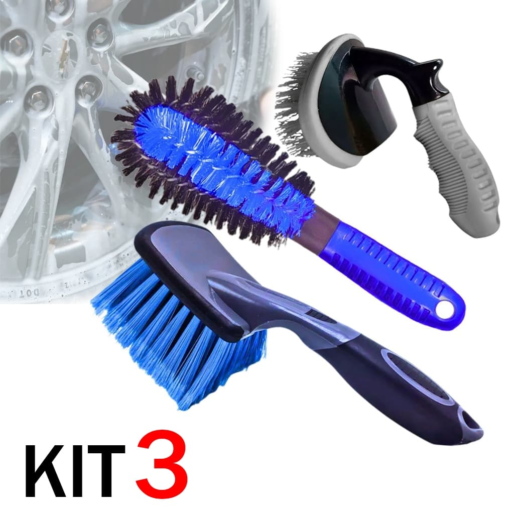 Kit 3 escovas limpeza rodas automotivas azul e preto