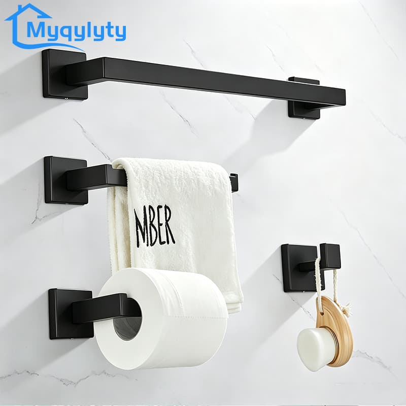 Kit Acessórios Para Banheiro Preto 4 Peças 40Cm/57Cm Aço Inox 304 Instalação De Perfuração