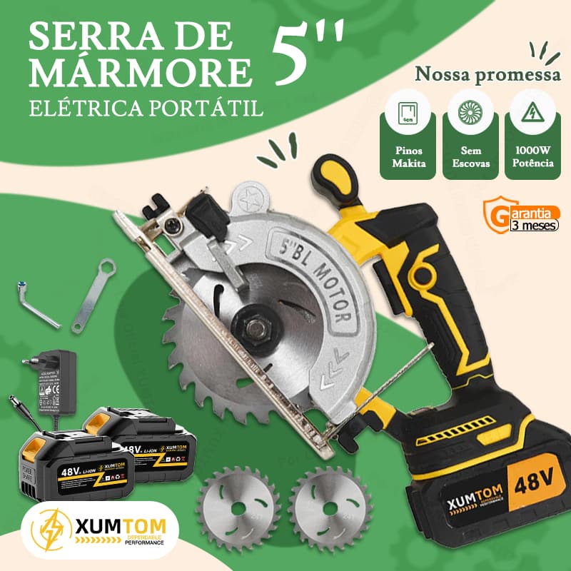 Serra Mármore 48V elétrica portátil 5'' Serra circular 1000W Com 2 Bateria 2 Discos Serra +2  Baterias 48V Bivolt