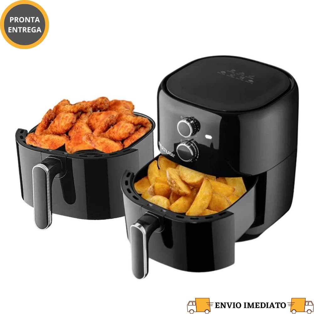 Fritadeira Elétrica Sem Óleo Multilaser Air Fryer 4,2L CE190/CE191 com frango empanado e batatas fritas