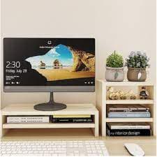 Kit suporte monitor e escaninho mesa home office branco com monitor e livros