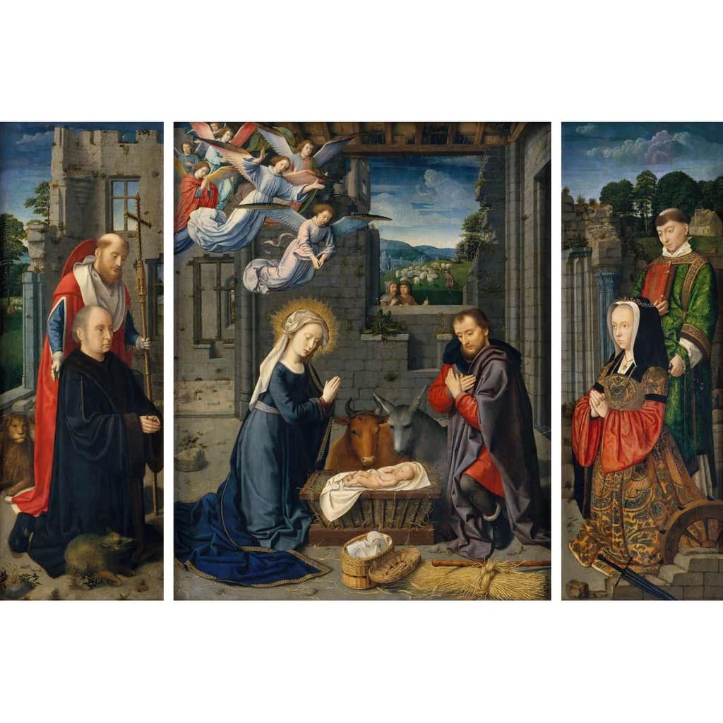 Tela canvas Natividade de Gerard David, três painéis com figuras religiosas e paisagem