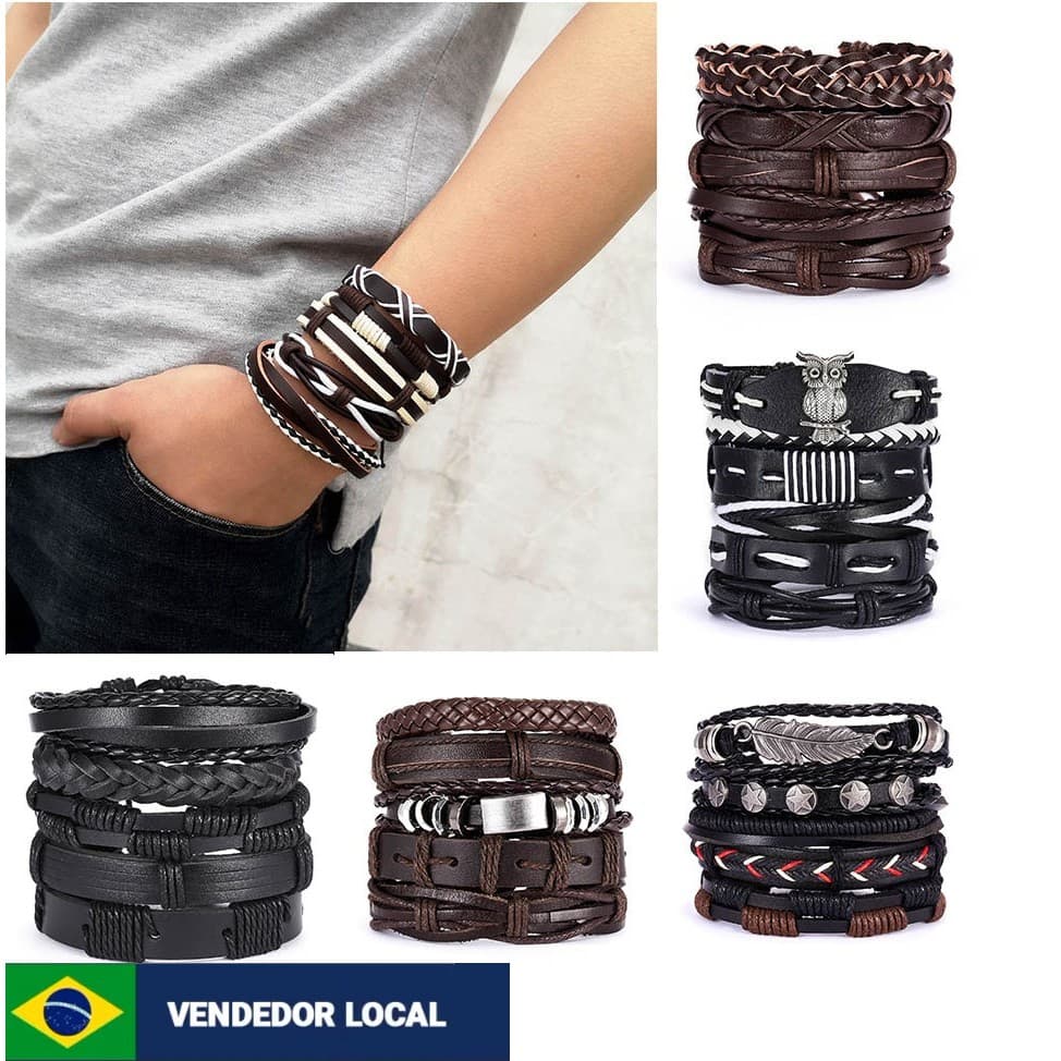 Pulseiras Em Couro Masculinas Kit Com 4  Peças e com 5 Peças