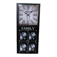 Relógio de parede vintage com quatro porta-retratos e texto 'FAMILY' em preto e branco