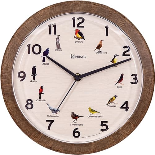 Relógio de parede com ilustrações de pássaros e nomes das aves, base pintada à mão, marca HERWEG.