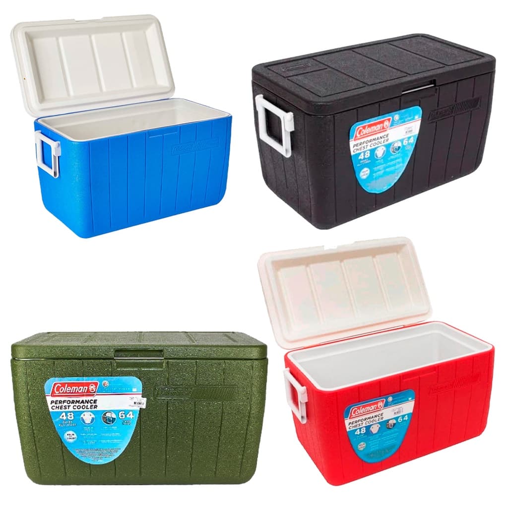 Caixas térmicas Coleman em azul, preto, verde e vermelho com etiquetas de desempenho.