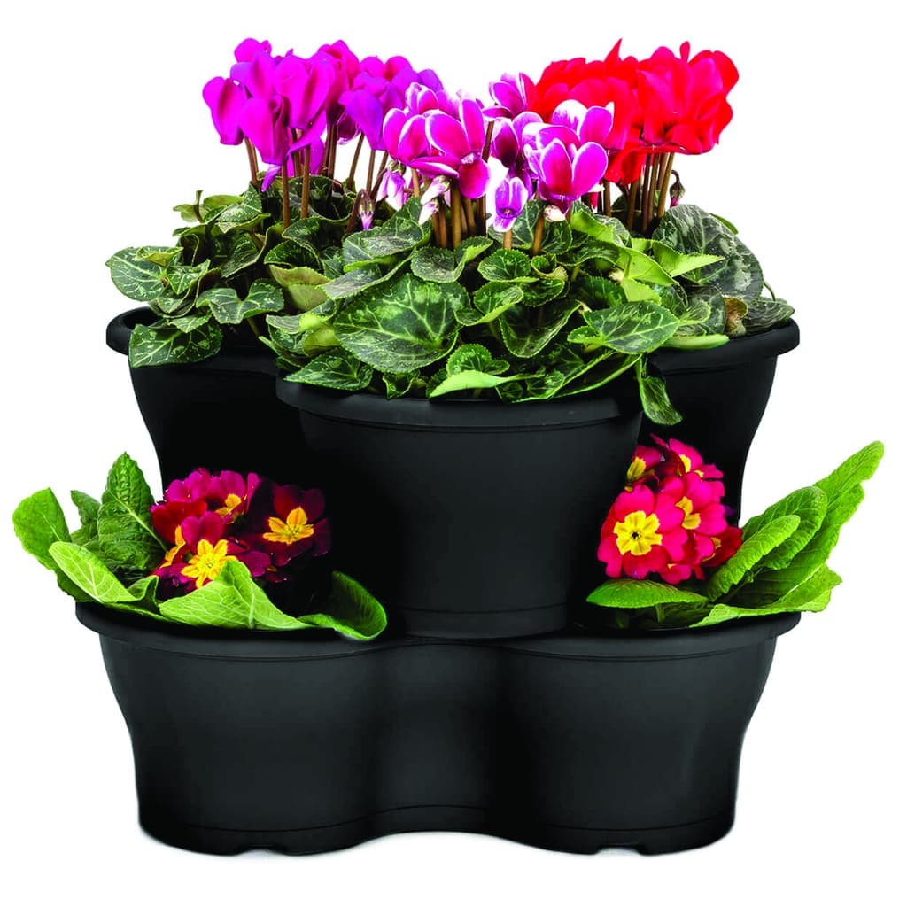 Sete vasos empilháveis pretos de 2,5 litros com plantas coloridas