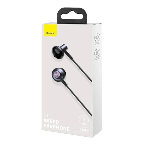 Embalagem do fone de ouvido Baseus H19 com fone preto e cinza, 3.5mm jack, fio, branco