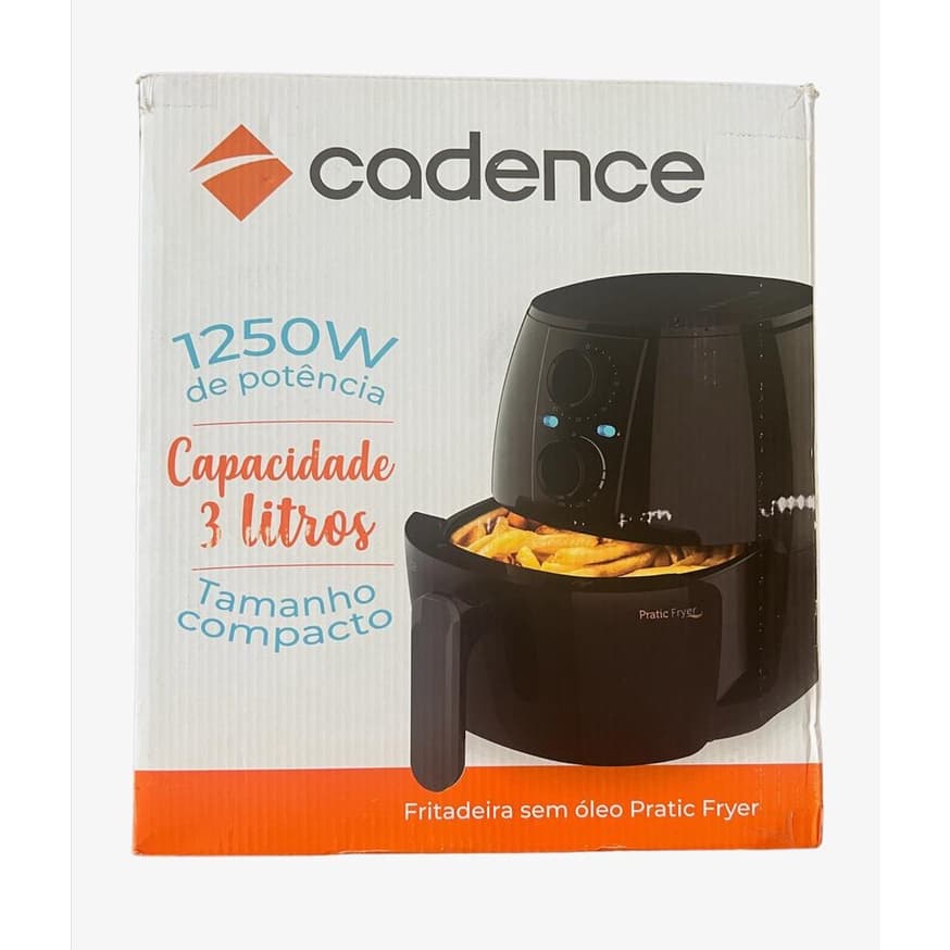 Fritadeira elétrica sem óleo Pratic Air Fryer 3L Cadence, caixa promocional com produto em destaque