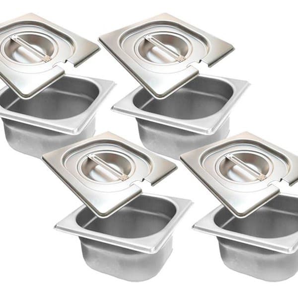 Conj 4 Cubas Gastronômicas Inox Gn 1/6x65 Mm 1,0 L + 4 Tampas Inox 1/6 Com Abertura Para Colher