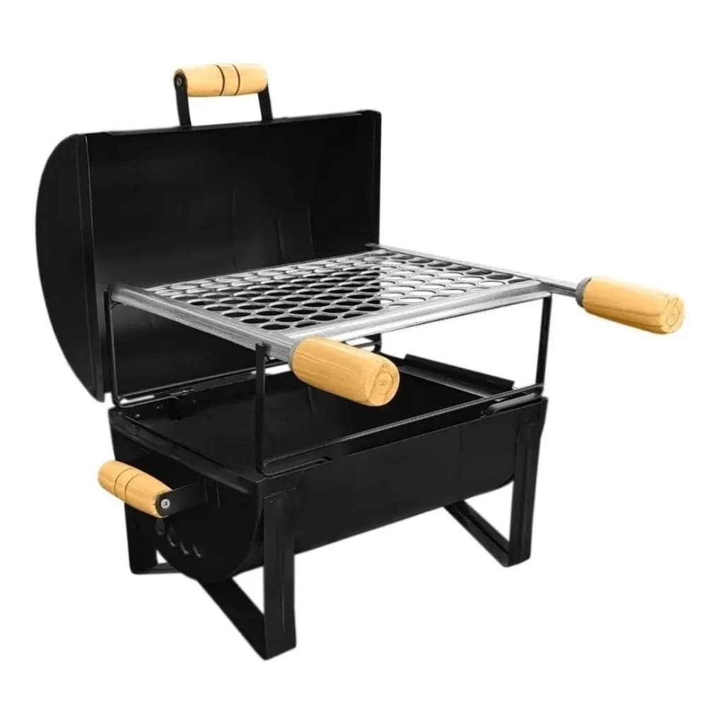 Churrasqueira portátil a carvão com grelha de mesa 2X1, estrutura preta e detalhes amarelos, fundo branco.