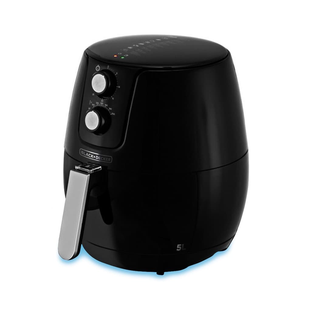 Fritadeira sem óleo Black Decker AFM5 preta com capacidade de 5 litros e controles manuais.