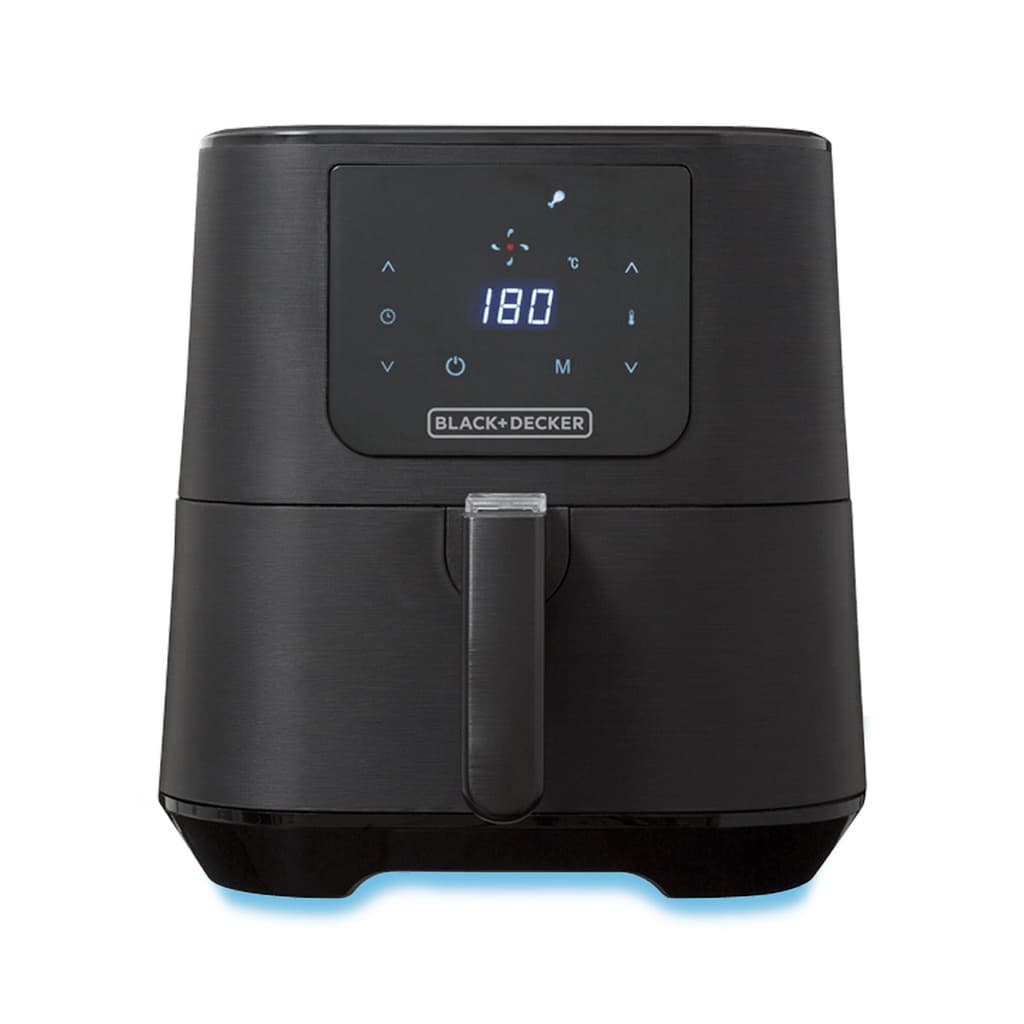 Fritadeira Elétrica Digital Sem Óleo Black & Decker 7L AFD7Q, preta, com controles digitais e logo da marca.