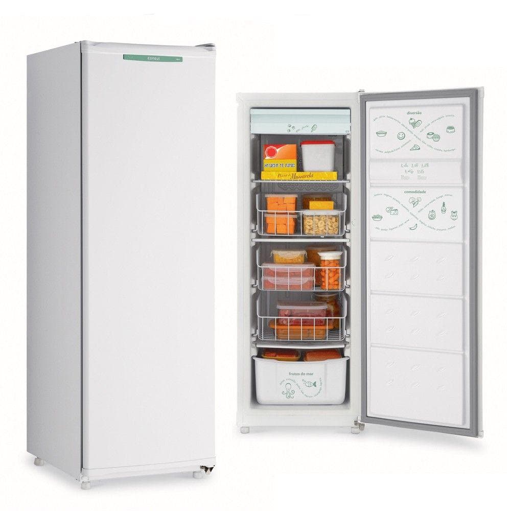 Freezer Consul 1 Porta Vertical 142L Branco com interior organizado