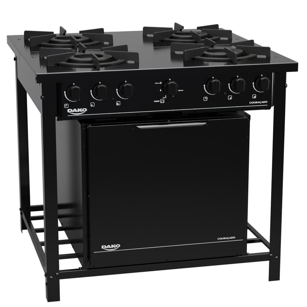 Fogão industrial 4 bocas preto com forno e tripla chama Dako