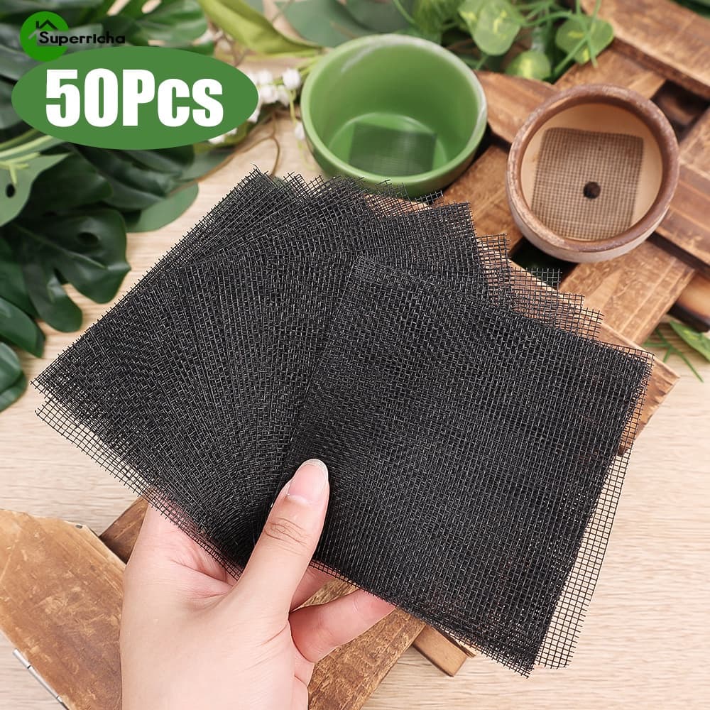 50Pcs Tela Quadrada De Furo Redondo De Drenagem/Flor Ecológica/Almofada De Malha De Fundo De Vaso De Rede/Junta Respirável Para Evitar Perda De Solo