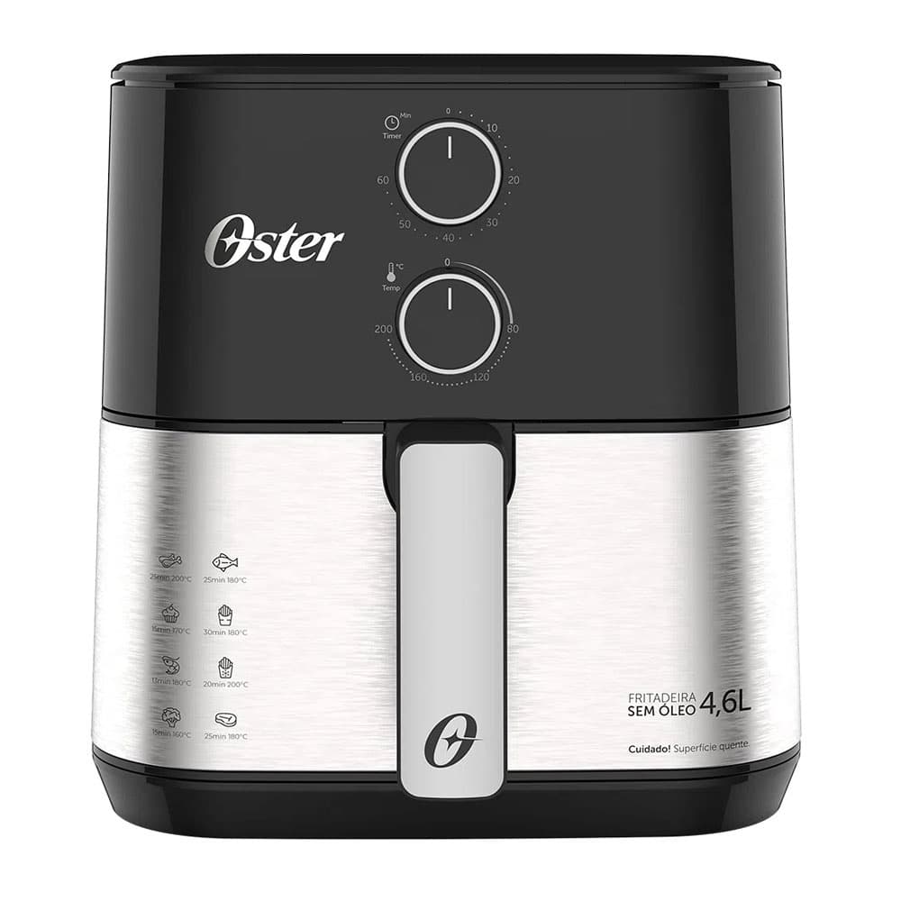 Fritadeira Air Fryer 4.6L Compact Oster OFRT520 Inox - 110v, preta e prateada, sem óleo, com capacidade de 4,6L.