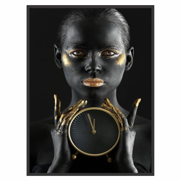 Quadro Decorativo 90x60 Moldura de Madeira Pintura Artística em Mulher Preto e Dourado com Relógio para Decoração Sala Quarto Escritório Hall