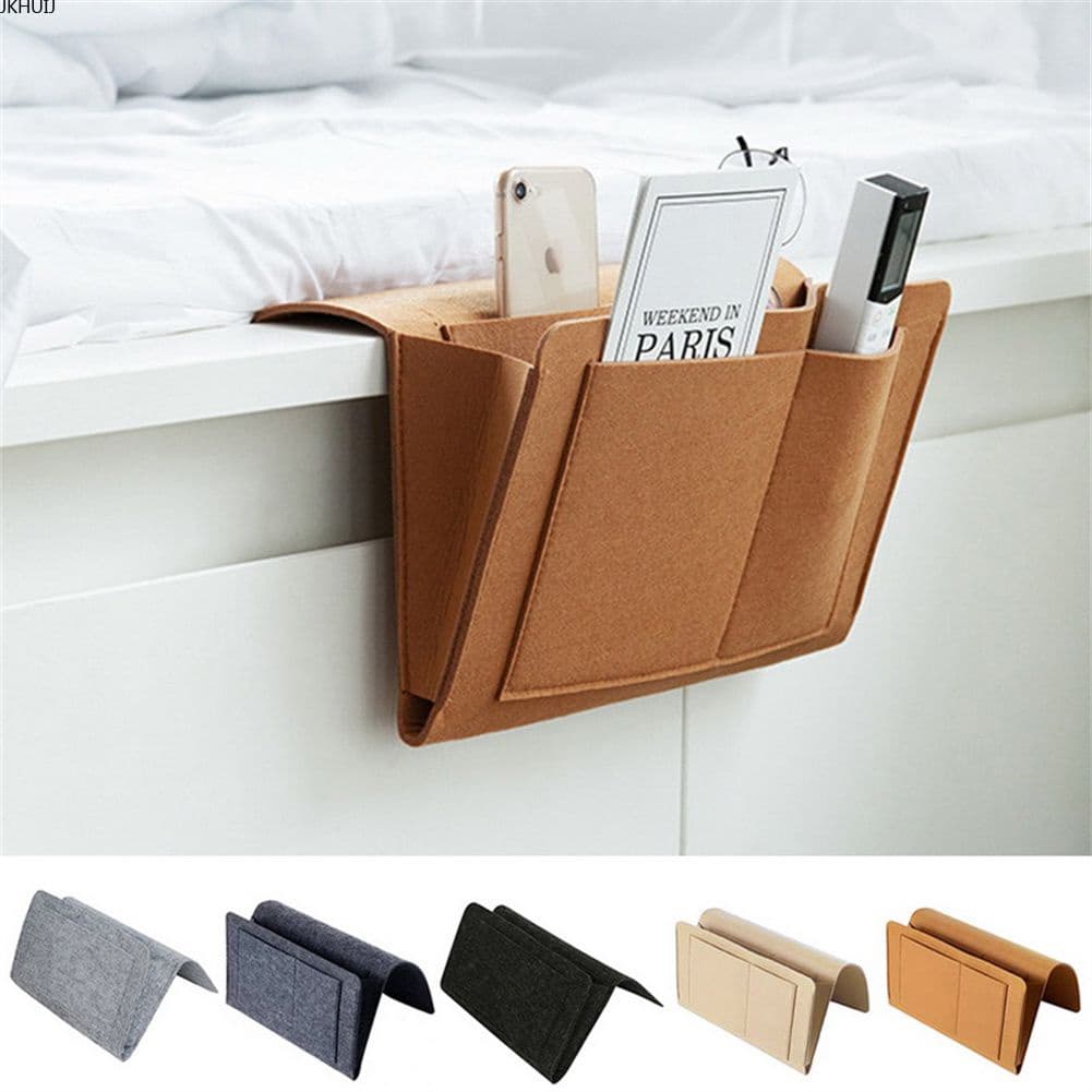 Bolsa de armazenamento de cabeceira de feltro marrom para cama com compartimentos para smartphone, controle remoto e livro