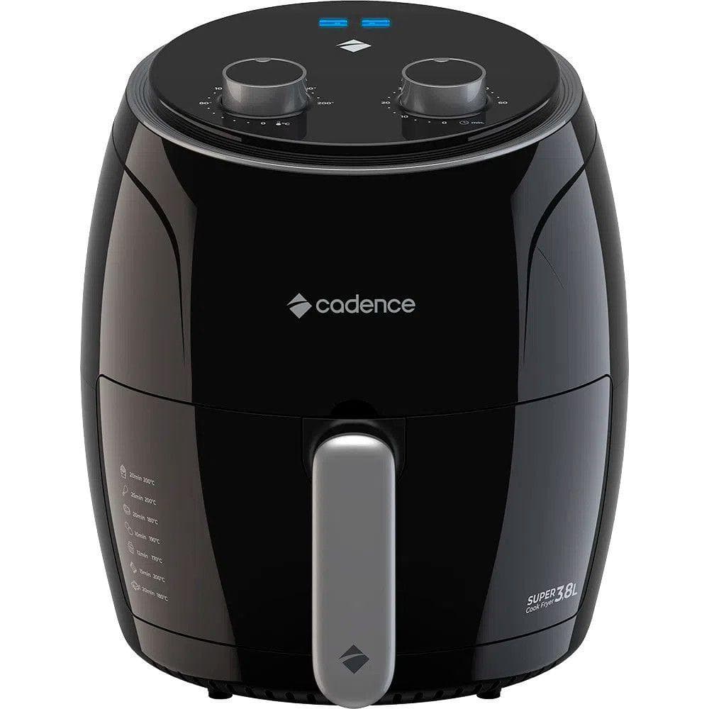 Fritadeira Air Fryer Cadence FRT410, 3,8 litros, 1300W, cor preta, controles rotativos e botão de liga/desliga, logotipo da marca Cadence