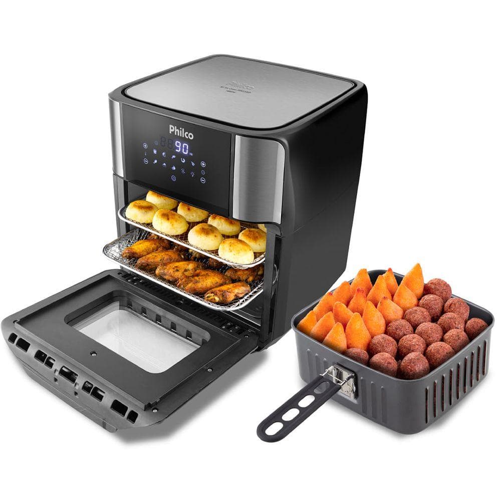 Fritadeira Elétrica Air Fry Oven Philco 12 Litros Preto com alimentos prontos