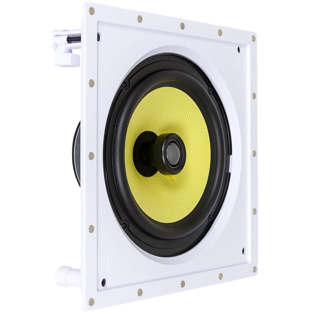 Caixa acústica de embutir JBL CI8S Plus quadrada branca e preta com cone amarelo