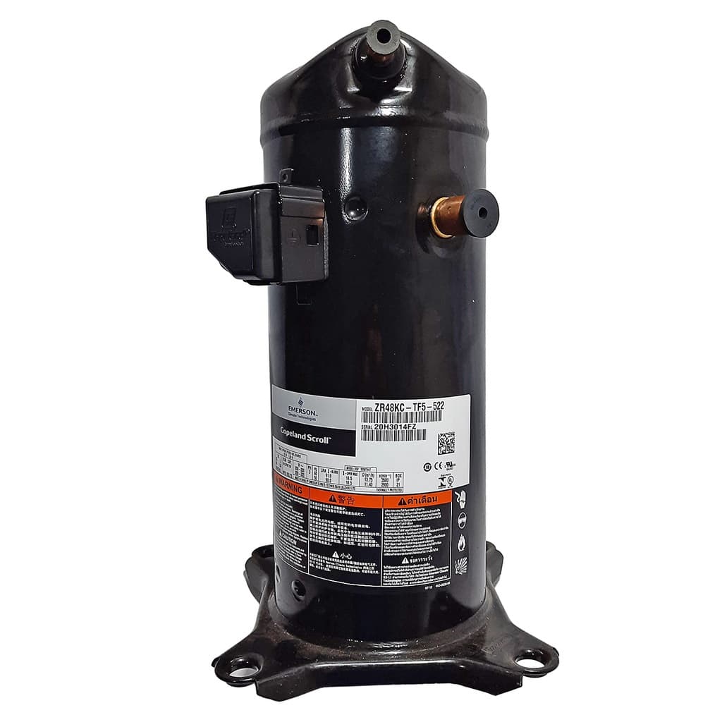 Motor compressor scroll Copeland ZR48KC 220v/3 R22, preto, em pé, fundo branco