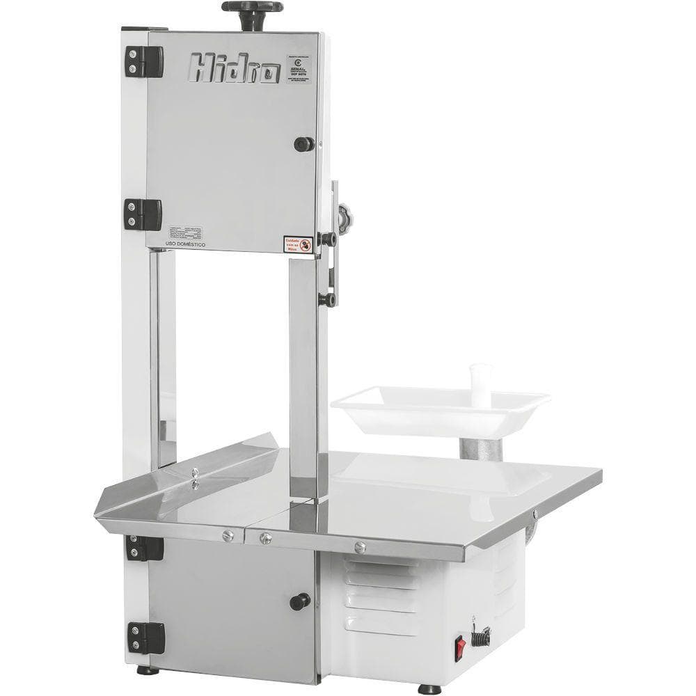 Serra de fita industrial Hidro HB800 com moedor de 1/2CV, estrutura em aço inoxidável, fundo branco