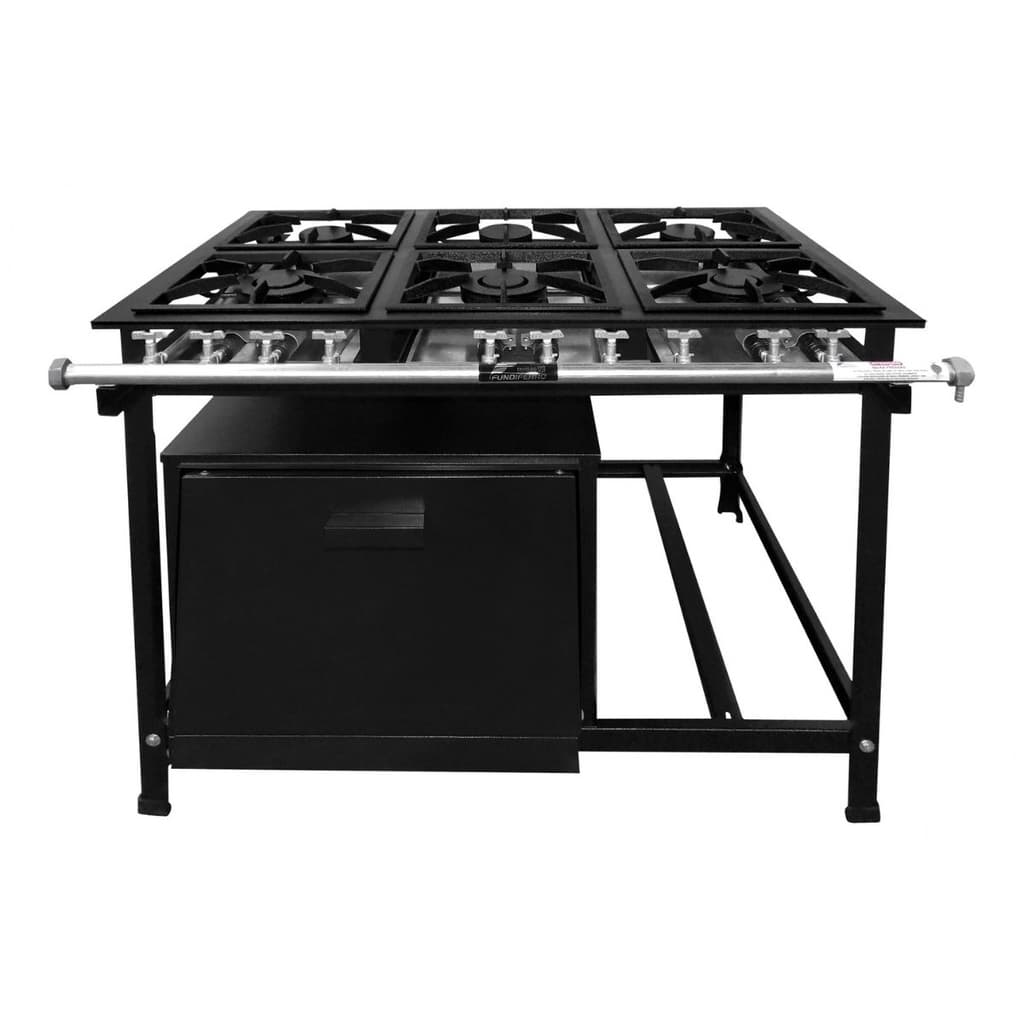 Fogão Industrial 6 Bocas 30x30cm com Forno Baixa Pressão JCN com estrutura robusta em metal preto