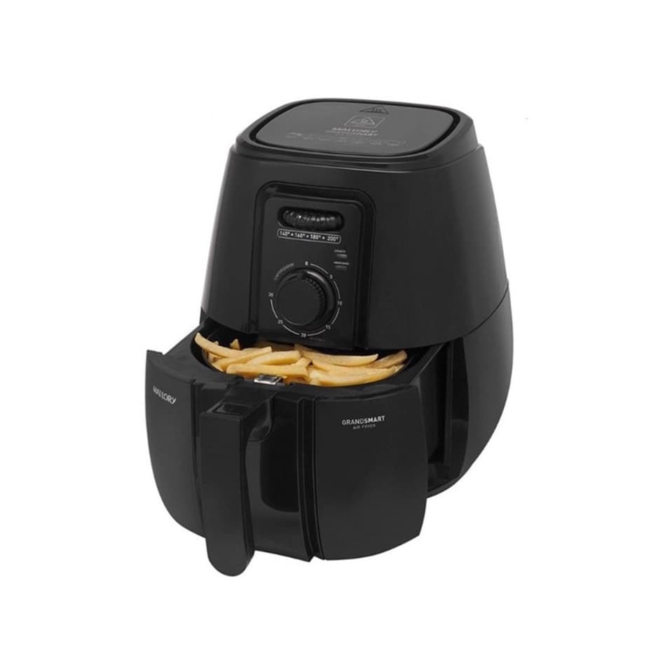 Fritadeira elétrica Air Fryer Mallory GrandSmart 4L Sem Óleo, preta, com cesto cheio de batatas fritas