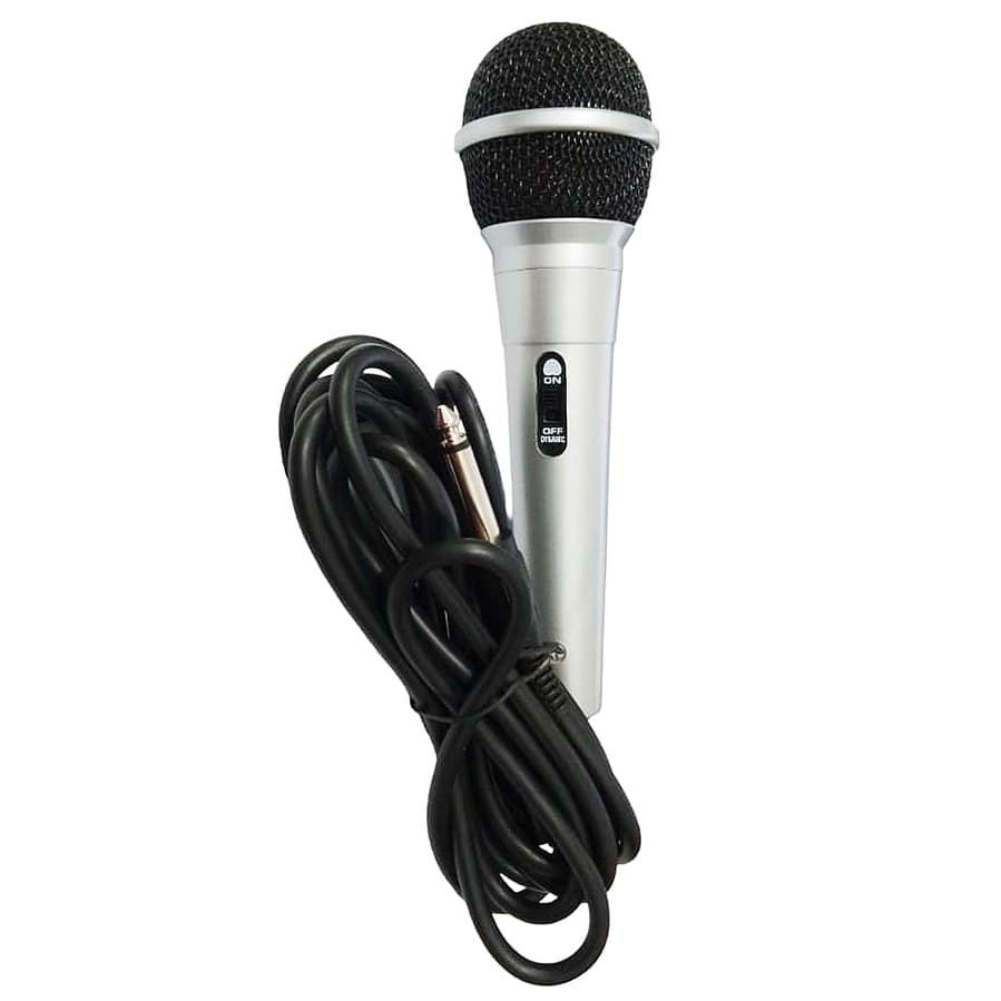 Microfone Cougar com fio de 3,10 metros, plug P10 mono, corpo prateado e preto, cabo preto, fundo branco